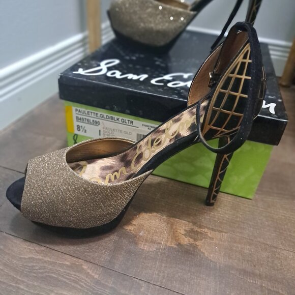 Sam Edelman Paulette Heel Gold Black Peep Toe Pump - Picture 2 of 6